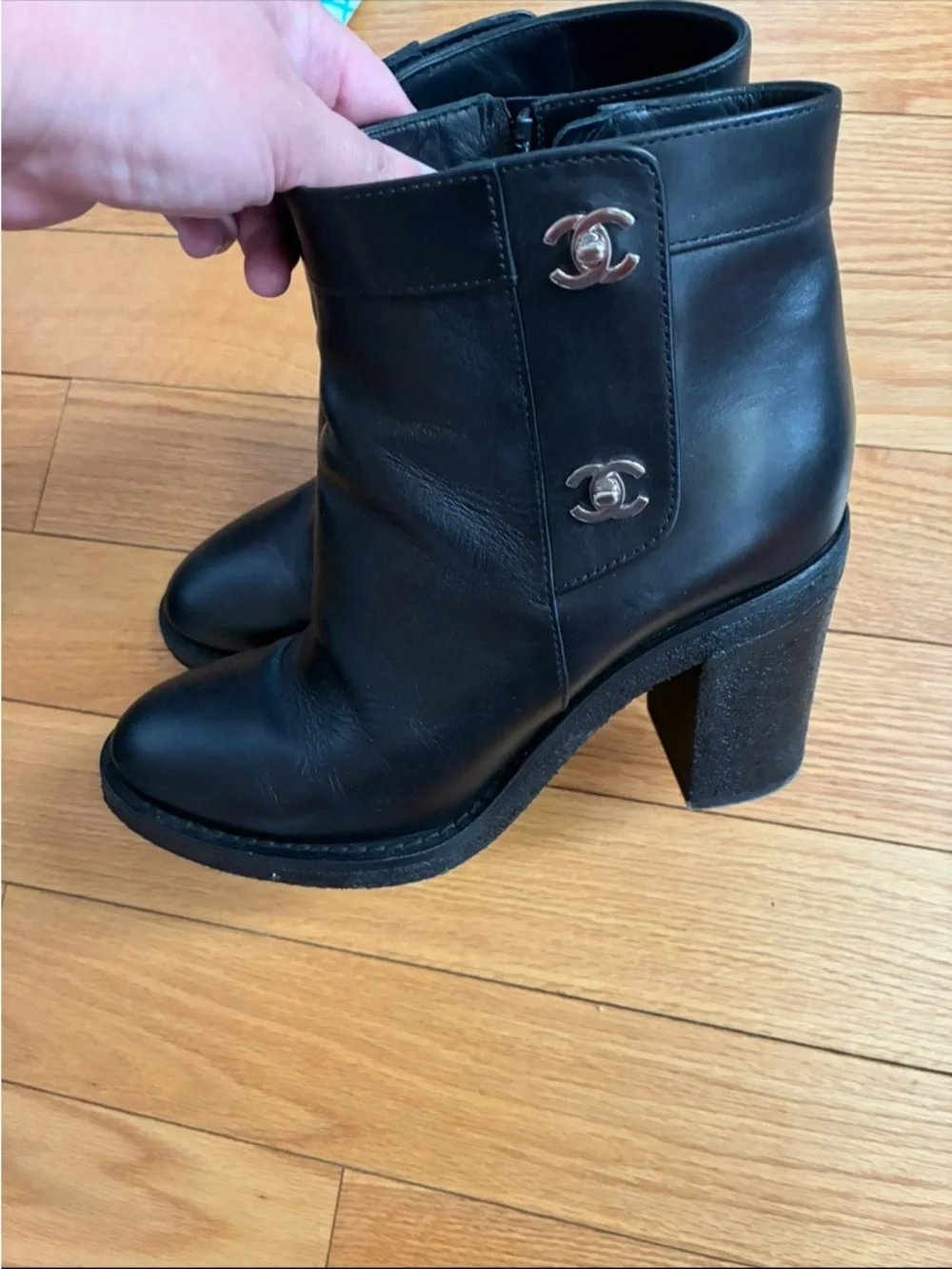 CHANEL Black Leather Ankle Booties with Silver CC Logos